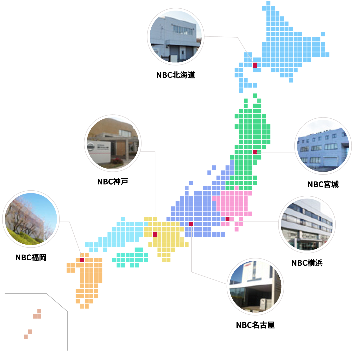 会社の中の学校日産ビジネスカレッジ（NBC）拠点地図 北海道,宮城,横浜,名古屋,神戸,福岡